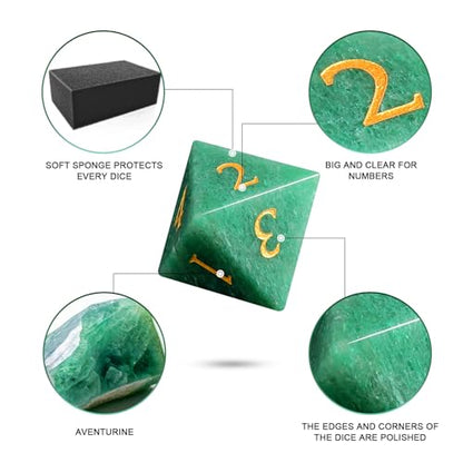 LUCKY-M Aventurine Gemstone DND Dice Set, 7 PCS Dungeons and Dragons Dice with Case for RPG MTG, Stone Dice Set D&D D4 D6 D8 D10 D00 D12 D20 - color: Aventurine