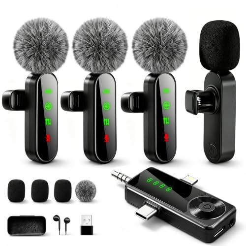 4 Packs Wireless Lavalier Microphone for iPhone/Android/Camera, Upgraded Mini Microphone with Noise Reduction, Mic for Video Recording, Podcasts, YouTube, TikTok, and Vlogging - color: Black