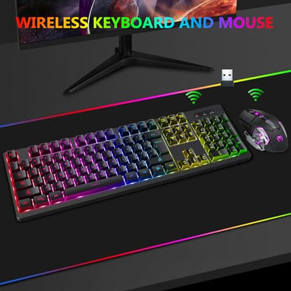 Wireless RGB Gaming Keyboard and Mouse - Rechargeable RGB Backlit,Long Battery Life,Mechanical Feel,7 Color Gaming Mouse for PC Game and Work