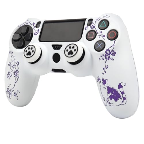 Cat Among Blossoming Branches Design Controller Skin Cover with 2 Thumb Grips Compatible with PS4/Playstation 4 Slim/Pro Controller - color: Cat White Purple