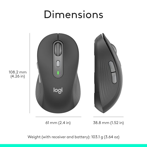 Logitech Signature Plus M750 Wireless Mouse – for Small to Medium Hands, SmartWheel, Bluetooth, Multi Device, 24-Month Battery, Silent Clicks, Customizable Side Buttons, Contoured Shape - Graphite | Wireless navigation with Bluetooth connectivity, USB rec