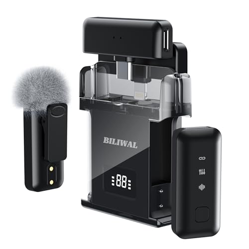 BILIWAL Wireless Lavalier Microphone for iPhone/Android/Laptop with Magnetic Wind Muff/Patch/Clip, Mini Mic with Noise Reduction, 35 H Battery Life via Charging Case, Lightning/USB-C/USB A Plug&Play
