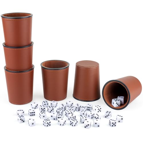 Felt-Lined PU Leather Dice Cup Set, 6 Quiet Shaker Cups With 36 Dice for Bar Party Yahtzee Farkle Games, Dark Brown - color: Dark Brown