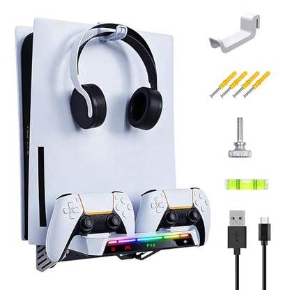 Sehawei Wall Mount for PS5/PS5 Slim/PS5 Pro Console, RGB Light Dock | Dual Controller Charging Station with Headset Holder, Compatible with Disc & Digital Editions, Space-Saving Gaming Organizer