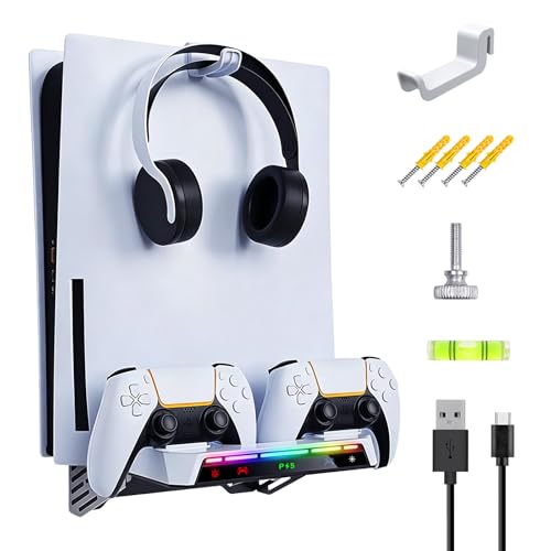 Sehawei Wall Mount for PS5/PS5 Slim/PS5 Pro Console, RGB Light Dock | Dual Controller Charging Station with Headset Holder, Compatible with Disc & Digital Editions, Space-Saving Gaming Organizer