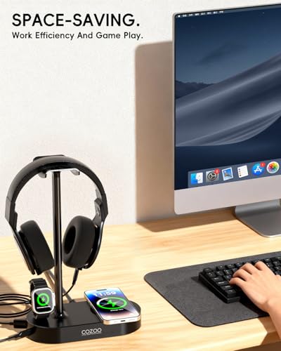 COZOO Headphone Stand with Fast Wireless Charging Pad and 2 USB Charging Ports, Suitable for Gaming, DJ, Wireless Earphone Accessories - color: Black