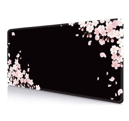 IMAYONDIA Ethereal Sakura Nightfall Desk Pad (35.4x15.7 in), Cherry Blossom Large Gaming Mouse Pad Mousepad, Serene Blossoms on Black Elegant Floral Art Desk Mats, Japanese Floral Computer Accessory - color: Cherry Blossom Black