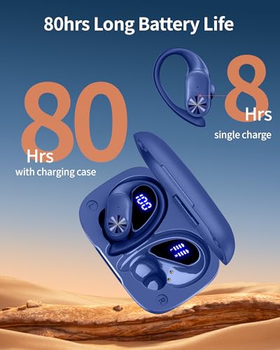 PocBuds Bluetooth Headphones Wireless Earbuds 80hrs Playtime Wireless Charging Case Digital Display Sports Ear Buds with Earhook Deep Bass IPX7 Waterproof Over-Ear Earphones for TV Phone Laptop Navy - color: Navy, style: Standard