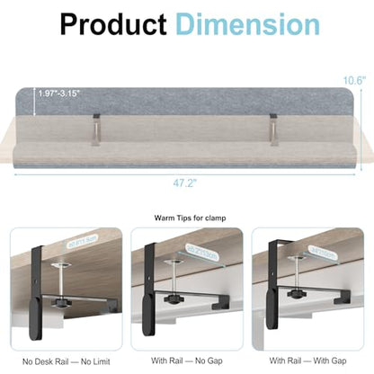 Under Desk Cable Management Tray, 47.2" Felt Cord Organizer with No Drill Clamp or Screw Mount, Hidden Wire Management for Power Strips & Cables, Cable Tray Under Desk for Home Office