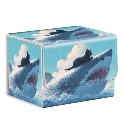 Commander Deck Box for Trading Cards - Fits 100+ Double Sleeved Cards, PU Leather MTG TCG Storage Case with Strong Magnetic Closure, Cat and Mechanical Shark - color: Cat and Mechanical Shark