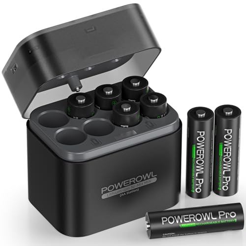 POWEROWL Rechargeable Lithium AA Batteries 8 Pack with Charger, 1.5V 3600mWh Double A Battery with Li-ion/NiMH Charger Storage Box for Camera, Game Controller
