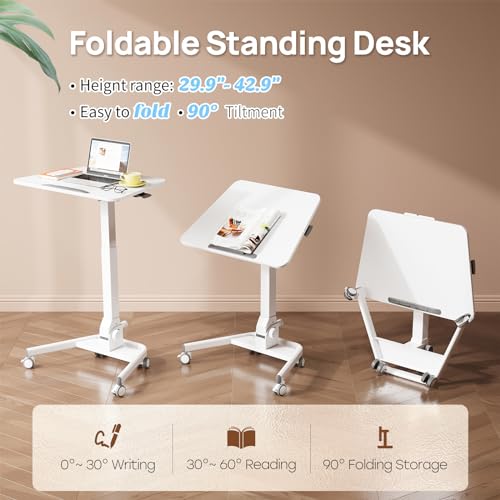 Foldable Mobile Standing Desk, Rolling Laptop Cart, White | 29.9"-42.9" Height Adjustment, Easy to Fold, Portable Standing Desk on Wheels, Folding Desk for Compact Space - color: White