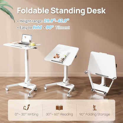 Foldable Mobile Standing Desk, Rolling Laptop Cart, White | 29.9"-42.9" Height Adjustment, Easy to Fold, Portable Standing Desk on Wheels, Folding Desk for Compact Space - color: White
