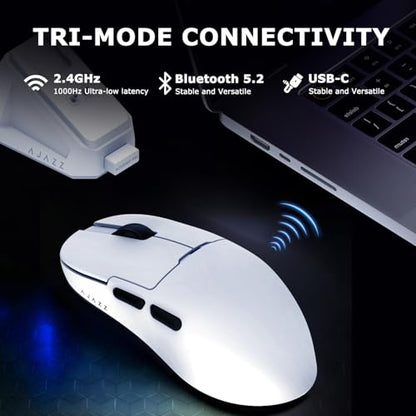 AJ159P MC Wireless Gaming Mouse, 12000 DPI, Tri-Mode 2.4G/Bluetooth/Wired, Magnetic RGB Charging Dock, 56g Ultra-Light, Programmable 6 Buttons - Perfect for Gaming, Work & Travel (White) - color: White