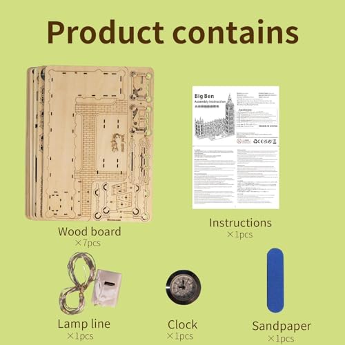Music Park 3D Wooden Puzzle, Big Ben with LED | Big Ben clock with LED night light and London Eye Ferris wheel. DIY model building kit. Home decor gift. - color: Big Ben