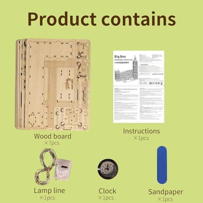 Music Park 3D Wooden Puzzle, Big Ben with LED | Big Ben clock with LED night light and London Eye Ferris wheel. DIY model building kit. Home decor gift. - color: Big Ben