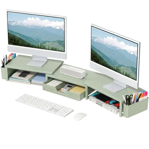 OPNICE Desk Organizers and Accessories, Dual Monitor Stand Riser with Drawer and 2 Pen Holders, Desk Shelf Computer Monitor Stand for Office Workspace Organizers, Desktop Organization (Green) - color: Green
