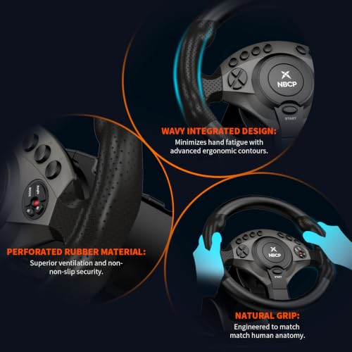 NBCP PC Racing Wheel, 900 Degree Gaming Steering Wheel with Pedals, 11" Large Wheel for Truck Simulator & Racing Games, Height Adjustable Sim Wheel Compatible with PC, PS3 - Black