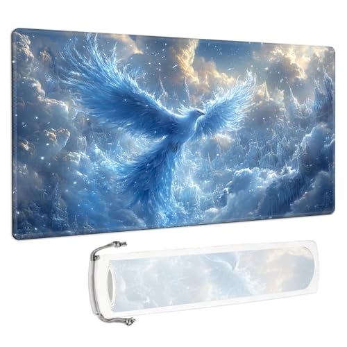 for MTG/TCG Playmat - 28x16 Inch Trading Card Game Mat with Reinforced Stitched Edges,Non-Slip Rubber Base and Free Storage Bag,Large Desk Mat,Blue Ice Phoenix Art - color: Blue Ice Phoenix Art, size: 28x16 Inch