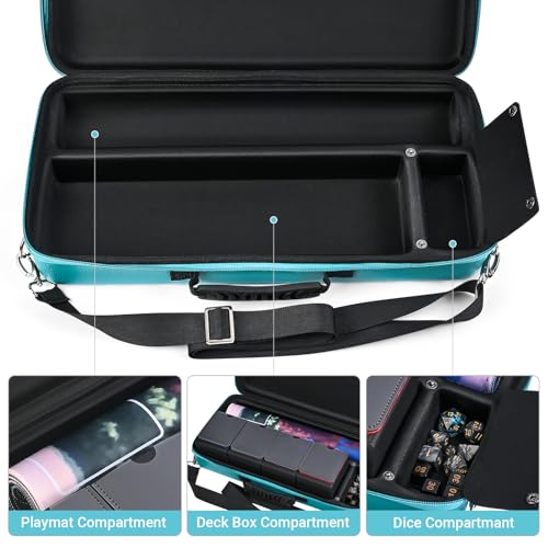 Playmat & Deck Box Carrying Case With 4 Deck Boxes, Rigid, Teal | 3 compartments for playmat, deck box & dice. Fits 14"-16" playmats. Adjustable shoulder strap & handle included. - color: Teal, size: Case