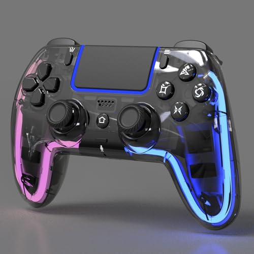 BETMI Wireless Controller for PS5, Pro/Slim/MAC/Steam Deck/PC, Hall Effect Joysticks,Dual Vibration, Marco/Turbo, 3.5mm Audio Jack, 6-Axis Gyro, Mute, Bluetooth LED Gamepad with Speaker(9 Colors Single & Dual-Color LED, L Pink R Cyan) - color: Transparent