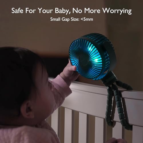 Momcozy 8000mAh Portable Stroller Fan, 27H Ultra-long Battery Life Detachable 4 Speed 360°Rotate LED Night Light with 2 Modes, USB Rechargeable Handheld Cooling Fan for Travel/Car Seat/Bedroom - color: Forest