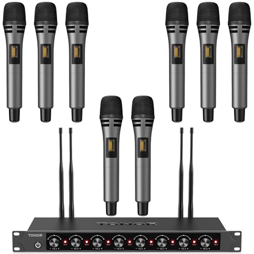 TONOR Wireless Microphones System with 8x12 Channels Cordless Handheld Microfono Inalambrico, 90 m/295FT UHF Range, Mics with Stable Signal, Quick Mute for Karaoke Singing Party Church Wedding - style: 8 Handheld Mics