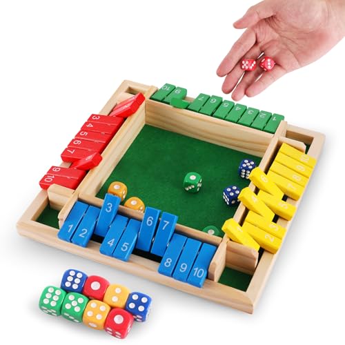 Shut The Box Dice Game, 4-Players Wooden Board Game with 8 Dices, Family Math Games for Kid and Adult,Perfect Tabletop Game for Classroom,Home,Pub, Camping and Party
