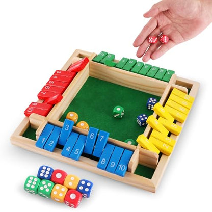 Shut The Box Dice Game, 4-Players Wooden Board Game with 8 Dices, Family Math Games for Kid and Adult,Perfect Tabletop Game for Classroom,Home,Pub, Camping and Party