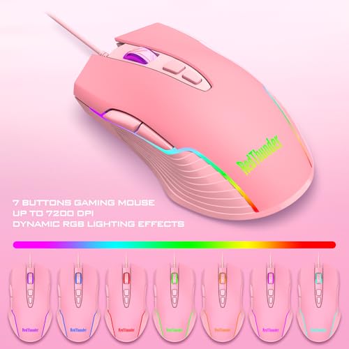 RedThunder K10 Wired Gaming Keyboard and Mouse and Wrist Rest Combo, RGB Backlit, Mechanical Feel Anti-ghosting Keyboard + 7D 7200 DPI Mice+Soft Leather Wrist Rest 3 in 1 PC Gamer Accessories(Pink) - color: Pink