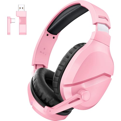WolfLawS Wireless Gaming Headset with Mic for PS5 PC PS4, Pink | 2.4G/Bluetooth Gaming Headphones, Noise Canceling Microphone, USB & Type-C Connector, Wired Mode for Controller - color: Pink