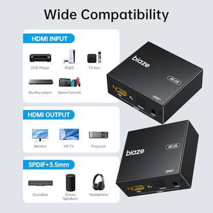 4K HDMI Audio Extractor Splitter, HDMI Audio Video Converter Adapter + Optical Toslink SPDIF + AUX 3.5mm Audio Jack Analog Audio Compatible with Fire Stick, Blu-Ray Player