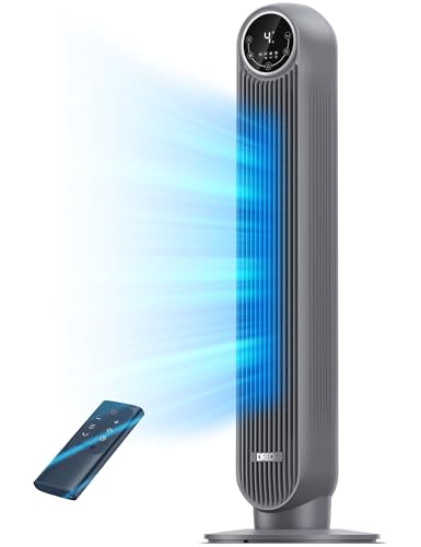 DREO Tower Fan for Bedroom, 25ft/s Velocity Quiet Floor Fan, 90° Oscillating Fans for Indoors with 4 Speeds, 4 Modes, 8H Timer, Bladeless Fan, Standing Fans, Grey, Tower Fan 307 (DR-HTF007) - color: Grey, size: 36 inch