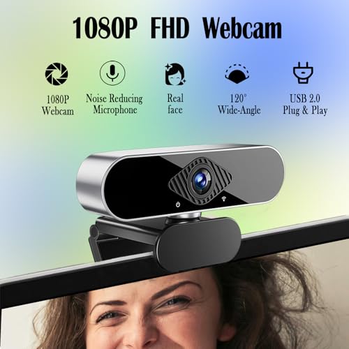1080P Webcam for PC/Laptop, USB Webcam with Microphone, Noise Cancellation, Support Beauty, Plug & Play with Auto Light Correction for Video Calls, Live Streaming Gaming & Online Meeting