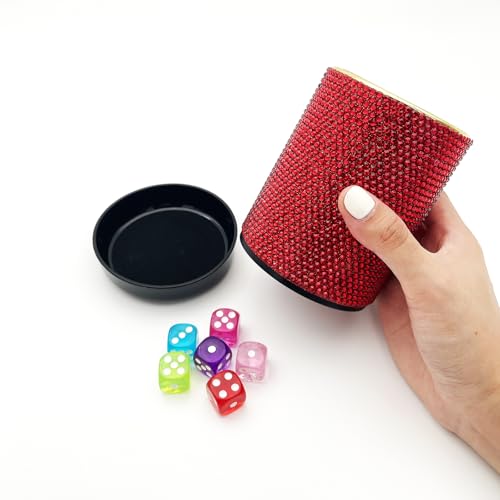 Bling Dice Cup Velvet Felt-Lined Quiet Shaker with Lid Includes 12 Dices Plastic Dice Cup Set for Bar Party Family Yahtzee Farkle Classic Dice Games (Red) - color: Red
