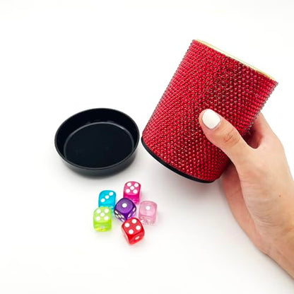Bling Dice Cup Velvet Felt-Lined Quiet Shaker with Lid Includes 12 Dices Plastic Dice Cup Set for Bar Party Family Yahtzee Farkle Classic Dice Games (Red) - color: Red