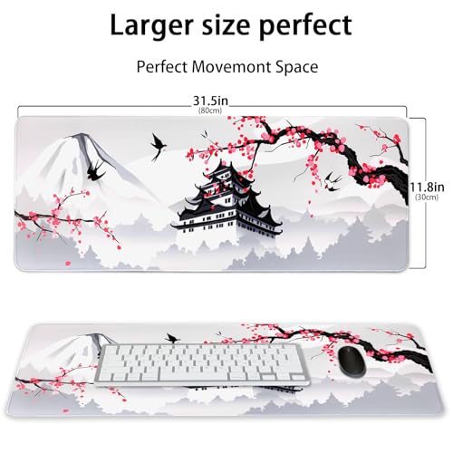 Japanese Cherry Blossom Gaming Mouse Pad 31.5x11.8in Pink Full Desk Japanese Sakura Gaming Mouse Pad Large Non-Slip Rubber Base Waterproof Big Keyboard Mat with Stitched Edges for Game Office - color: Japanese Cherry Blossom, size: 31.5" x 11.9"