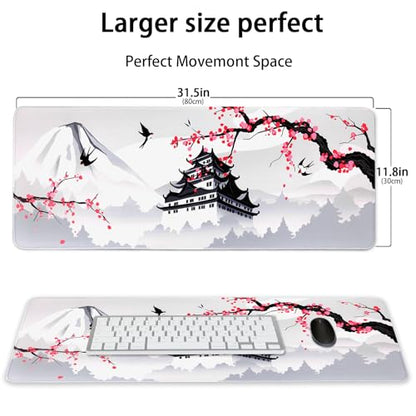 Japanese Cherry Blossom Gaming Mouse Pad 31.5x11.8in Pink Full Desk Japanese Sakura Gaming Mouse Pad Large Non-Slip Rubber Base Waterproof Big Keyboard Mat with Stitched Edges for Game Office - color: Japanese Cherry Blossom, size: 31.5" x 11.9"