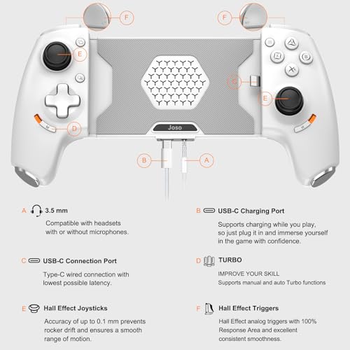 Joso USB C Mobile Gaming Controller, Plug & Play with Hall Effect Joystick/Triggers, 2 Back Buttons/3.5mm Audio Jack, for Cloud/PS/Xbox/PC Remote Play, Universal Phone Gamepad - color: White
