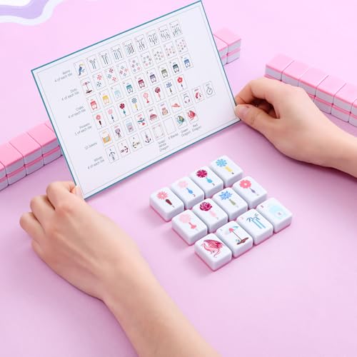 160 Pink Printed American Mahjong Game Set with Carrying Bag and Accessories, 1.2’’ Mahjong Tiles Set - style: 3-Pink