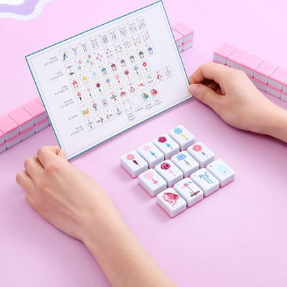 160 Pink Printed American Mahjong Game Set with Carrying Bag and Accessories, 1.2’’ Mahjong Tiles Set - style: 3-Pink