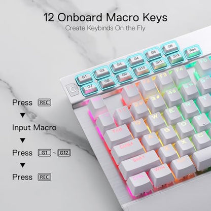 Redragon K550 RGB Gaming Keyboard, 104 Keys + 12 Macro G Keys Wired Mechanical Keyboard w/Aluminum Top Plate, Custom Clicky Purple Switch, Extra USB Port & Wrist Rest - color: White