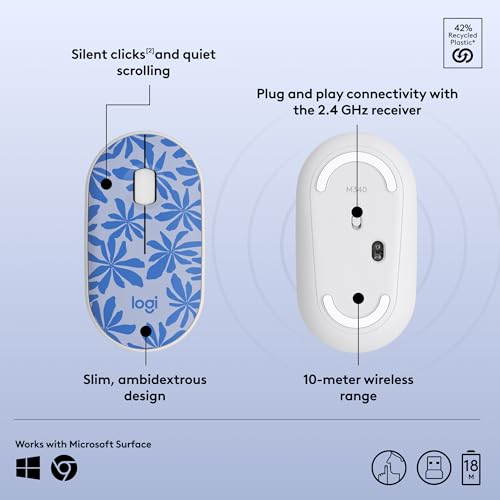 Logitech M340 Compact Ambidextrous Silent Wireless Mouse - Blue Floral | Silent clicks, with 2.4 GHz USB-A Nano Receiver, 3 non-customizable buttons, 18-months battery, Windows Mac Chrome compatible - color: Blue Floral