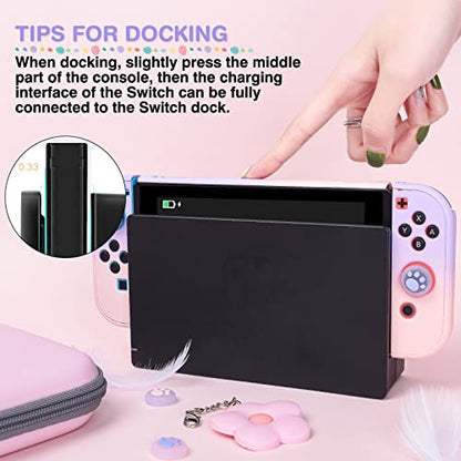 DLseego Pink and Purple Switch Case Set Gradient Carrying Case with 10 Slots Cute Protective Dockable Hard Shell with 4PCS Glitter Cat Paw Thumb Grips Caps and 1PC Flower Blossom Chain For Switch 2017 - color: Pink and Purple, size: Switch 1 6.3inch
