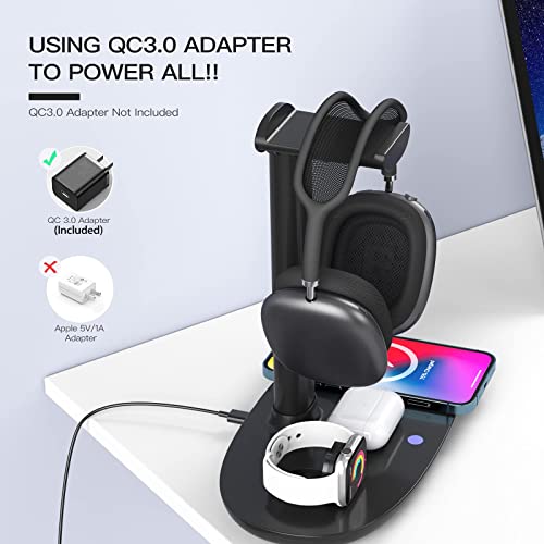Headphone Stand with 15w Wireless Charger, Suguder 4 in 1 Charging Station Headset Holder for AirPods Max/Pro/4/3/2 iWatch 10/9/8/7/6/5/4/3/2/1/SE iPhone 17/16/15/14/13/12/11/X for Desktop Table Game - color: Black