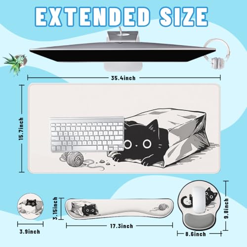 Black Cat Desk Mat Set Cute Cartoon Funny Large Mouse Pad with Wrist Rest 4-in-1 Desk Mat for Desktop Ergonomic Computer Desk Arm Wrist Anti-Slip Computer Ergonomic Mouse Pad Home Office Gaming - color: Cute Cartoon Black Cat, size: 34.5" x 15.7"