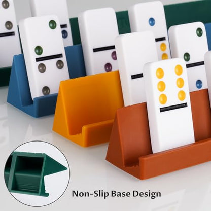 Double 6 Dominoes Set for Adults, 28 Tiles, Board Game, Case | Anti-Slip 4 Silicone Holders Fit Various Domino Sizes, Portable Case, Travel Ready Gift For Friends, Family Game Nights - size: Large