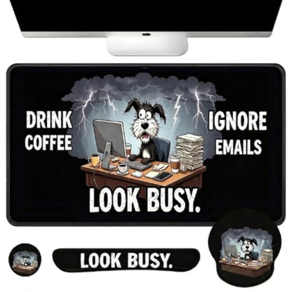 Britimes Funny Coffee Dog Keyboard Mouse Pad Set Retro Black 4in1 Large Mousepad+Keyboard Wrist Rest+Mouse Wrist Rest+Coaster Ergonomic Design for Home Office Computer 35.4x15.7 inches - color: Funny Coffee Dog