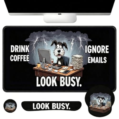 Britimes Funny Coffee Dog Keyboard Mouse Pad Set Retro Black 4in1 Large Mousepad+Keyboard Wrist Rest+Mouse Wrist Rest+Coaster Ergonomic Design for Home Office Computer 35.4x15.7 inches - color: Funny Coffee Dog
