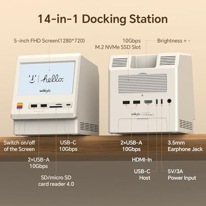 M5 Retro Dock Station for Mac mini M4, 5’inch HD Display, 10Gbps M.2 NVMe SSD Enclosure, SD/Micro SD Reader 4.0, 4*USB-A 1*USB-C 10Gbps, 3.5mm Earphone Jack, - style: 10Gbps